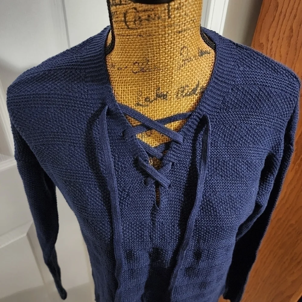 Old Navy Lace Up Front Neckline Blue Sweater Women's XS Textured Knit Stripes